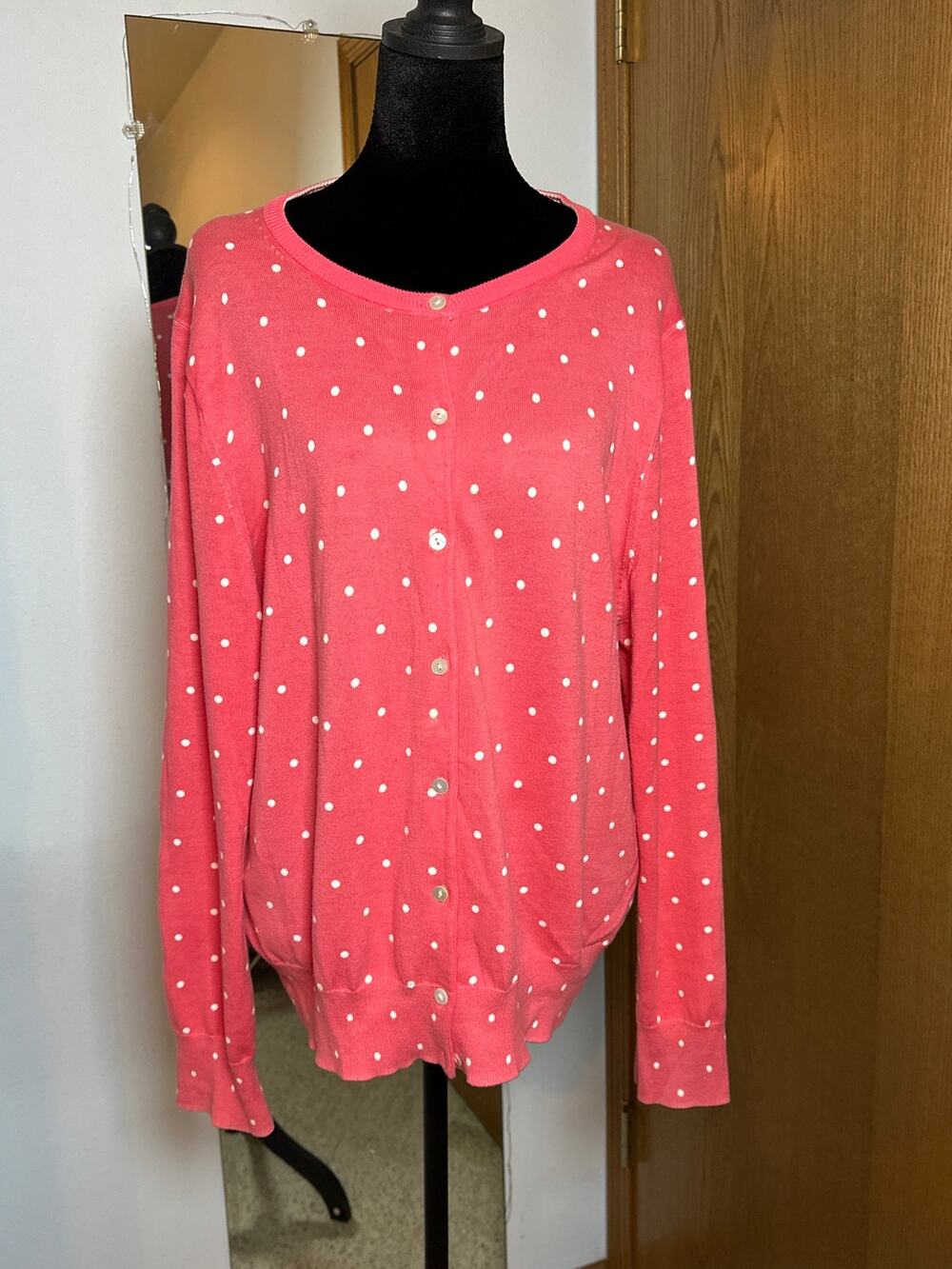 Lands End Polka Dot Cardigan 100% Supima Cotton Coral Pink White Sweater 0X